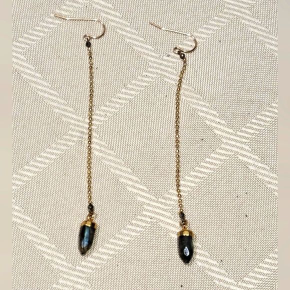 HANDMADE LABRODORITE CRYSYAL LONG HANGING GP EARRINGS - Picture 4 of 7